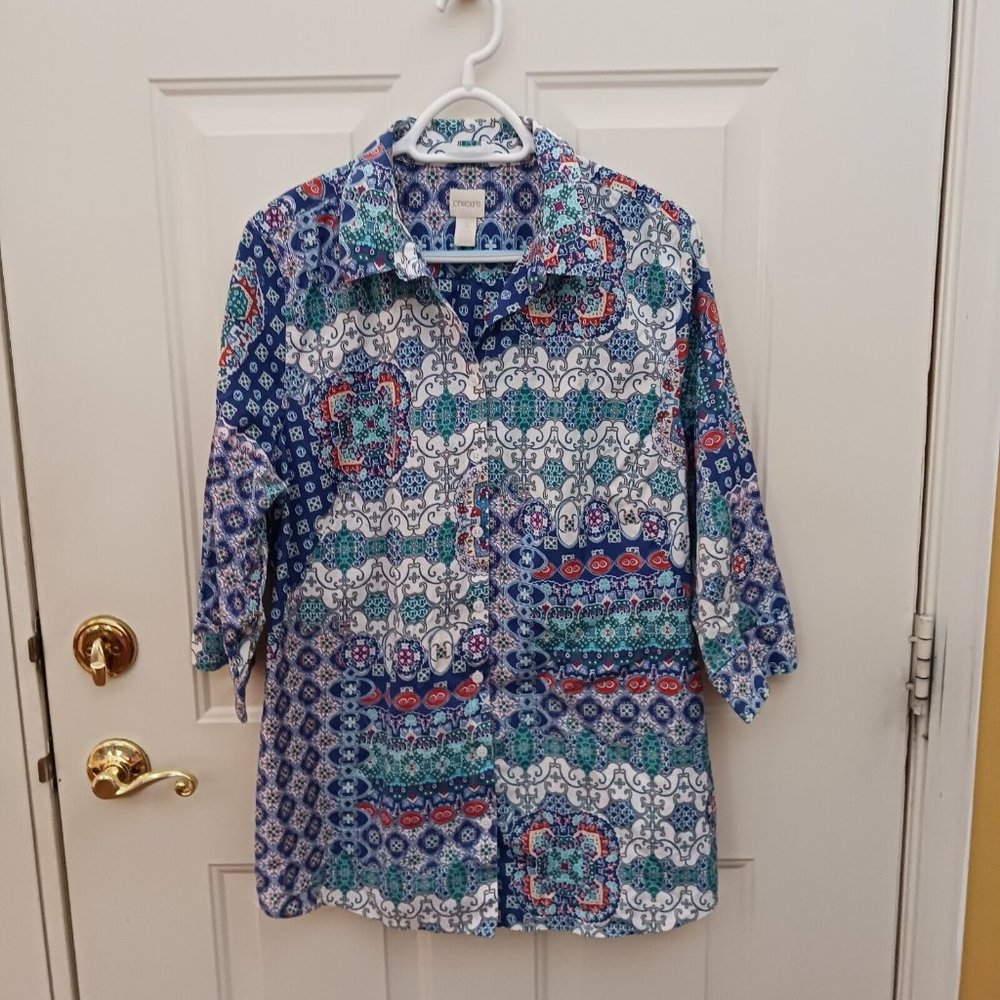 Chico's Size 3 Patterned Button Front Shirt Cotton Blend XL 3/4 Sleeves
